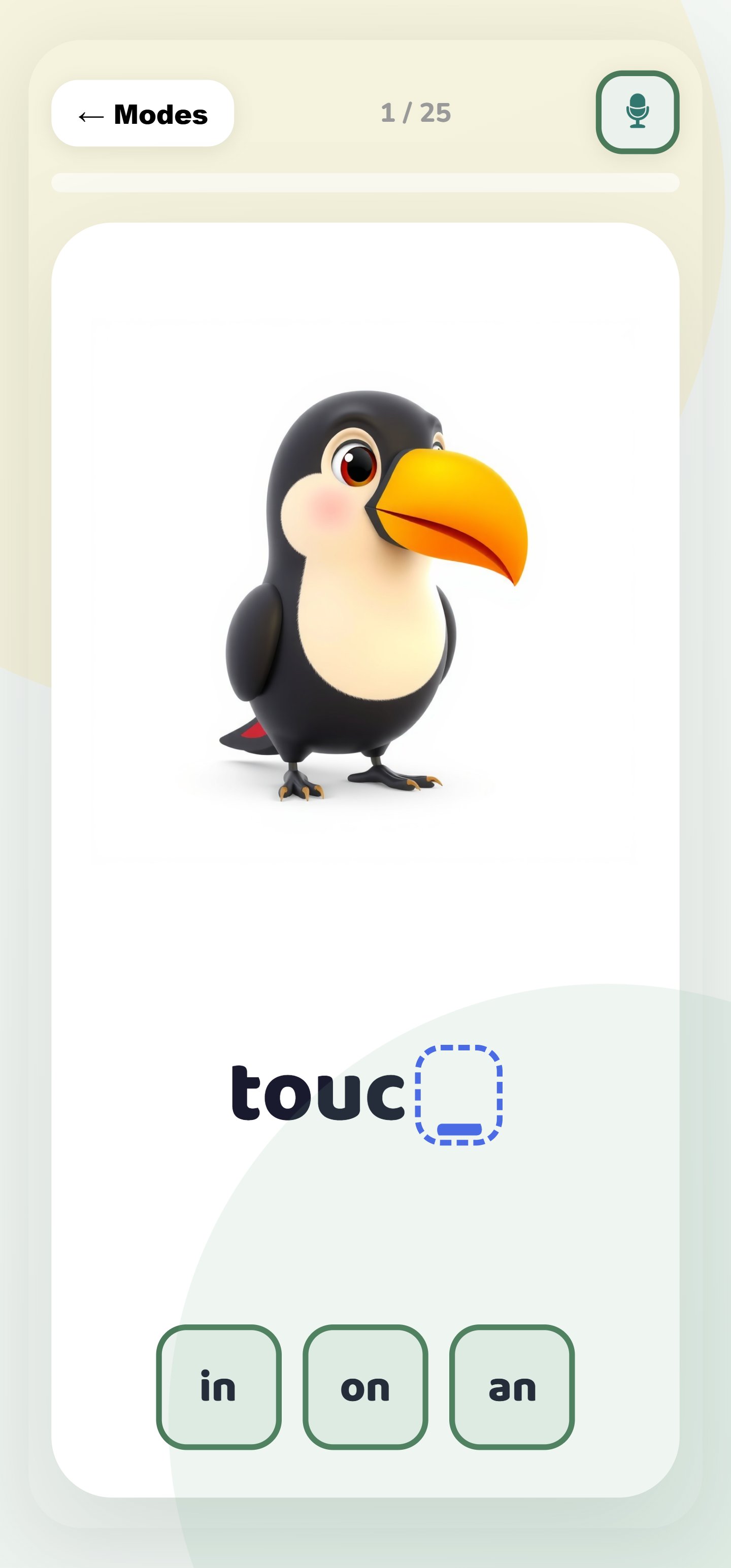 Mode Orthographe : un toucan avec un choix de sons